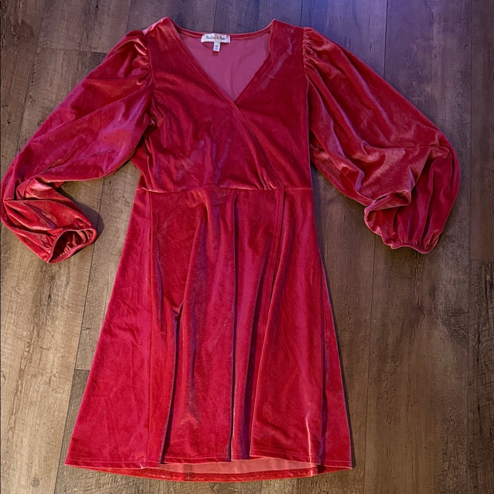 Velvet Puff Sleeve Dress in Rich Red